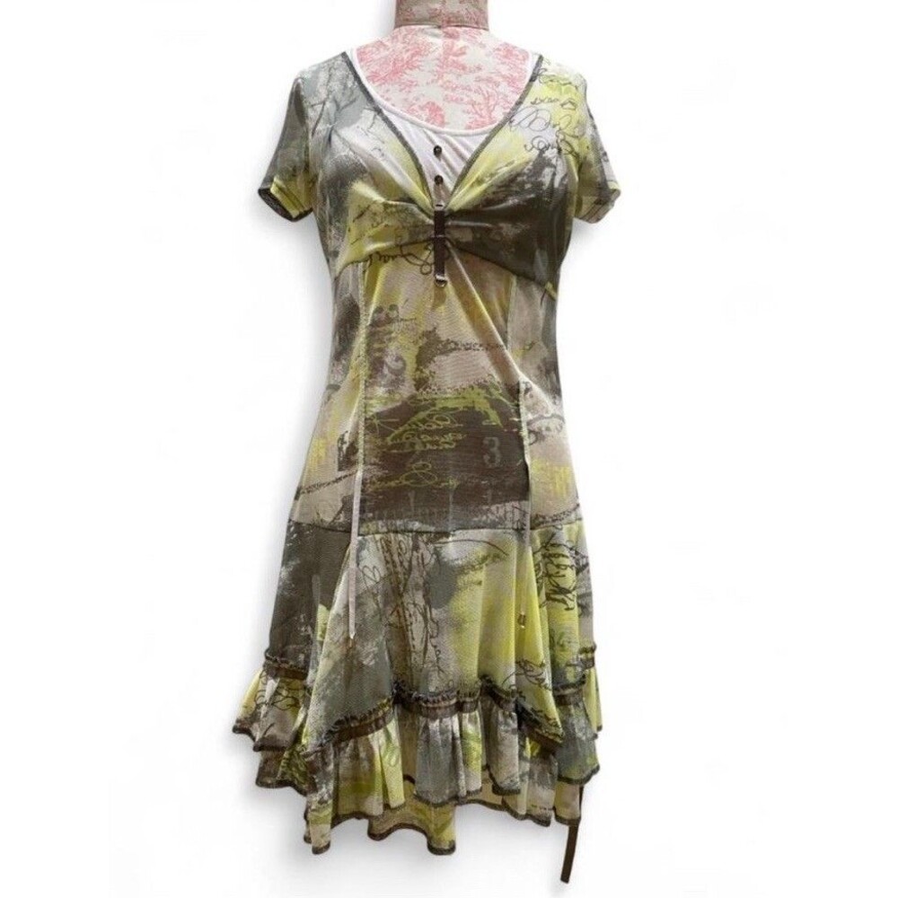 Vintage Y2K Tricotto Euro Mesh Abstract Dress Sz M Green Midi AOP Grunge